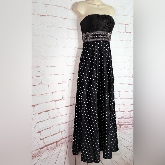 Jeweled Strapless Lace-Up Back Black and White Polka Dot Maxi Dress Size Small - Picture 6 of 16